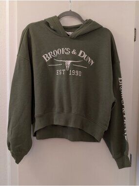 Brooks & Dunn Olive Green Cropped Hoodie Sweatshirt Embroidered Design Womens Si